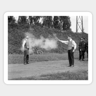 Police Testing Bulletproof Vest, 1923. Vintage Photo Sticker